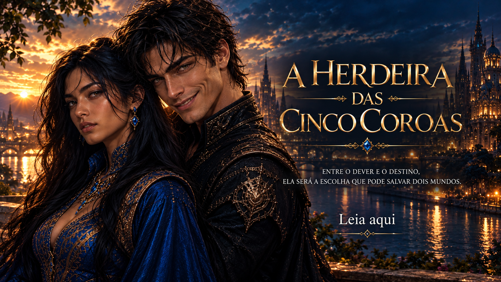 Nangueli e Tavian, protagonistas de A Herdeira das Cinco Coroas, diante de uma cidade futurista