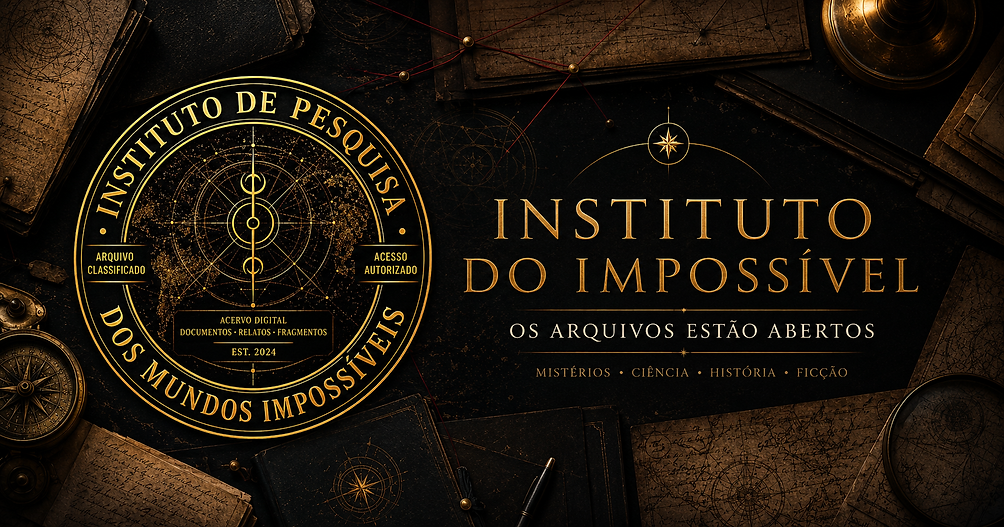 Mesa de pesquisa do Instituto do Impossível, com mapas e instrumentos antigos